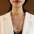 Shangjie OEM joyas Fashion 18k Gold Plated Necklace Multilayer Necklace Women Pearl Chain Metal Choker Queen Disc Necklace